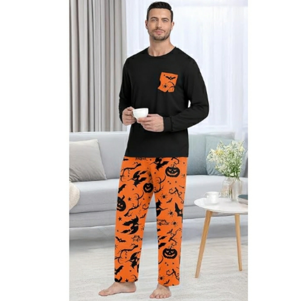 Men's Pajama Set Sleepwear Lightweight Long Sleeve Black /Orange New